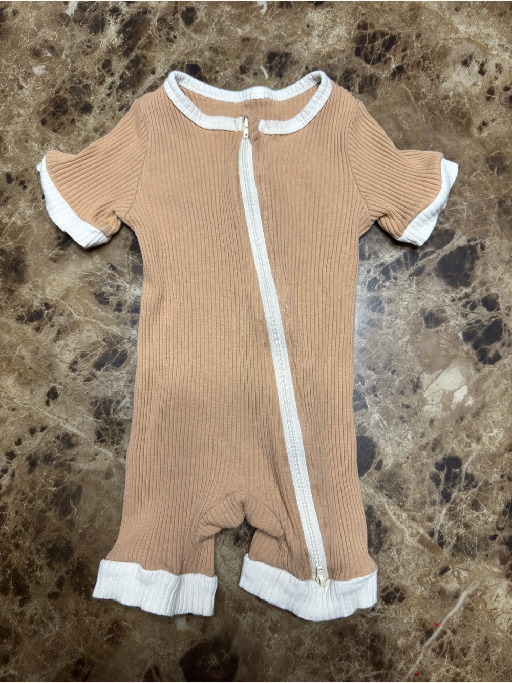 Tan Ribbed Zip-Front Kids One-Piece with White Trim